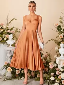 SHEIN Belle 百褶緊身上衣吊帶裙伴娘禮服 - 橘色 - 查看 1