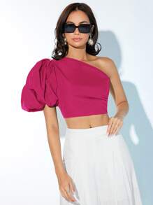 SHEIN Privé One Shoulder Puff Sleeve Crop Blouse - Red Violet - View 1