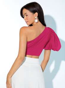 SHEIN Privé One Shoulder Puff Sleeve Crop Blouse - Red Violet - View 2