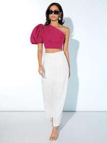 SHEIN Privé One Shoulder Puff Sleeve Crop Blouse - Red Violet - View 4