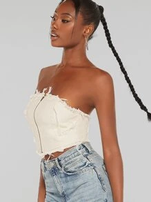SHEIN BAE Zip Front Raw Hem Tube Top - Beige - View 3
