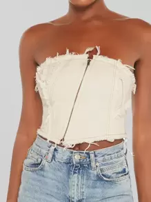 SHEIN BAE Zip Front Raw Hem Tube Top - Beige - View 4