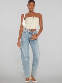 SHEIN BAE Zip Front Raw Hem Tube Top - Beige - View 5