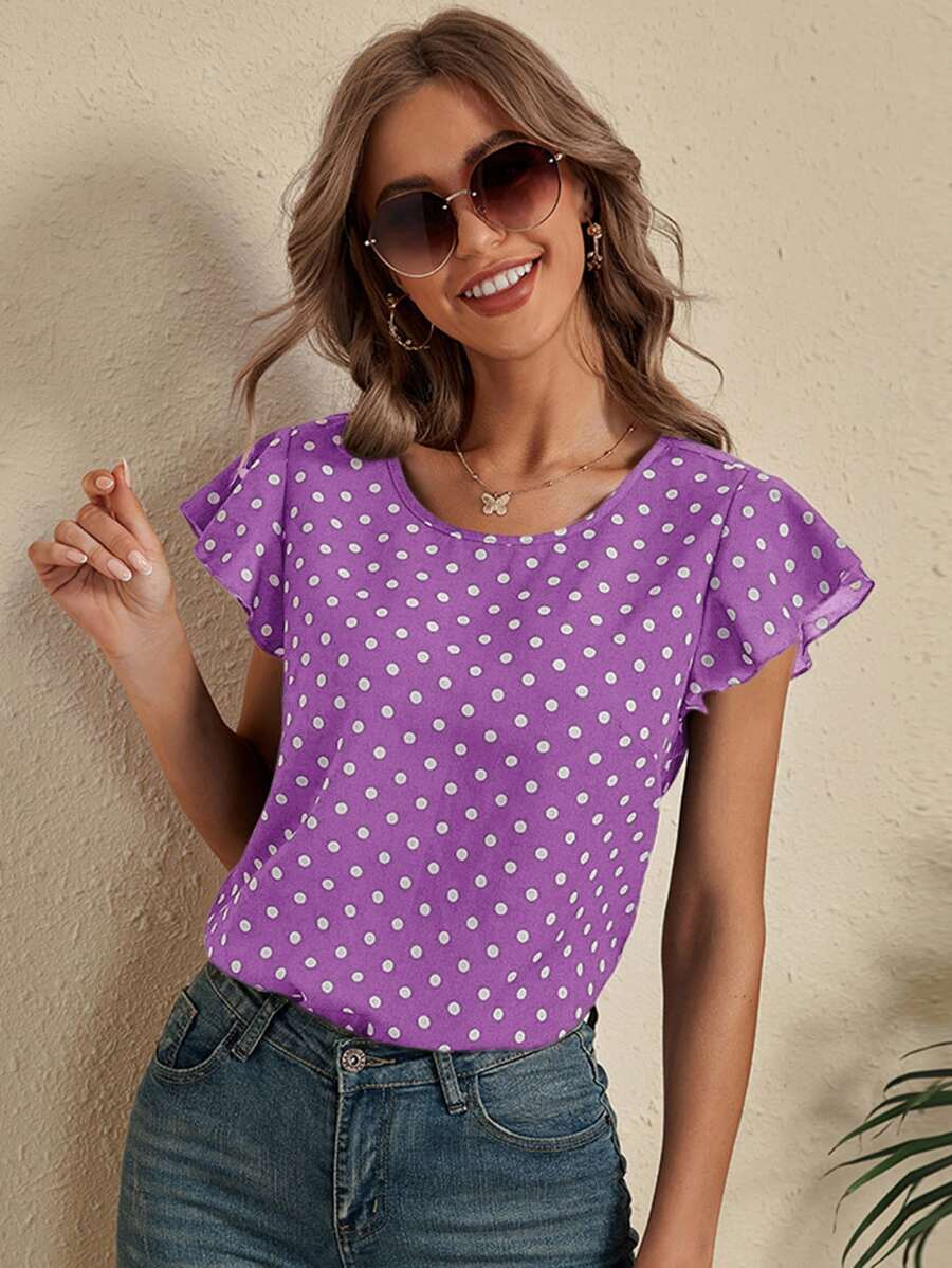 SHEIN LUNE Polka Dot Cut Out Back Blouse - Purple - View 1
