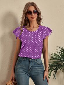 SHEIN LUNE Polka Dot Cut Out Back Blouse - Purple - View 3