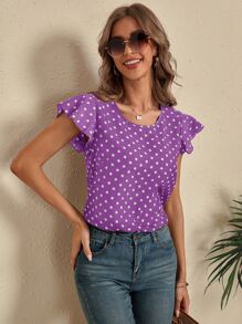 SHEIN LUNE Polka Dot Cut Out Back Blouse - Purple - View 6