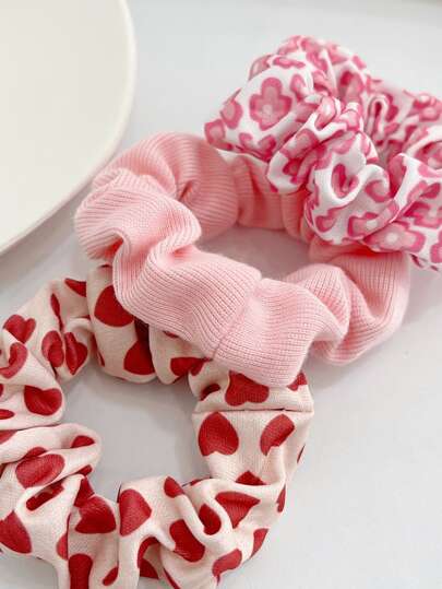 3pcs/Set Women's Pink Valentine's Day Gifts Heart Print Fashionable & Versatile High-End Elegant Hair Accessories Set, Perfect For Daily Wear, Parties, Work, Face Washing, Makeup And Clothing Matching, Including, Hair Ties, Scrunchies Cute Dopamine Valentines Scrunchy Hair Ties Ponytail Head Accessories