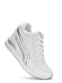 Metallic Panel Letter Patch Decor Lace-up Front Wedge Sneakers - White - View 2