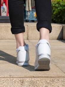 Metallic Panel Letter Patch Decor Lace-up Front Wedge Sneakers - White - View 3