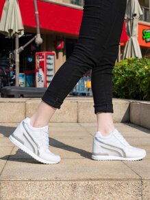 Metallic Panel Letter Patch Decor Lace-up Front Wedge Sneakers - White - View 4