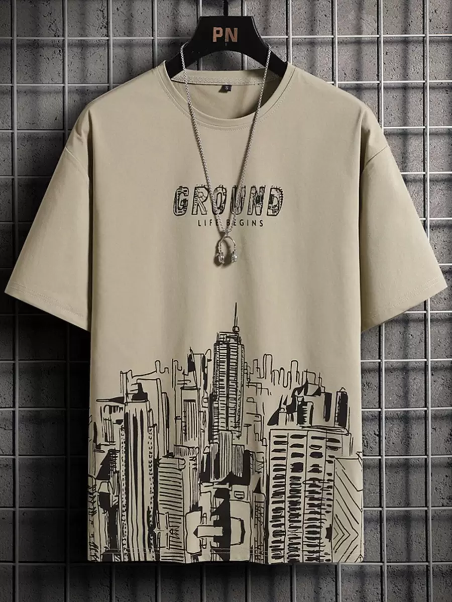Manfinity Homme 男士字母和建筑印花T恤，2000年代风格 - 卡其色 - 查看 1