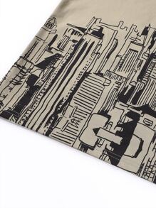 Manfinity Homme 男士字母和建筑印花T恤，2000年代风格 - 卡其色 - 查看 3