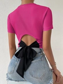 SHEIN Privé Tie Back Rib Knit Top Graphic Tees Women Tops - Pink - View 1