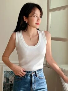 DAZY 素色螺紋針織背心上衣 - 白色 - 查看 7