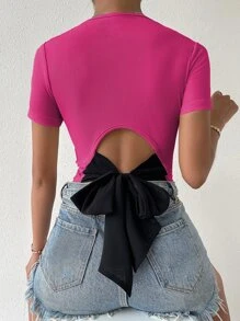 SHEIN Privé Tie Back Rib Knit Top Graphic Tees Women Tops - Pink - View 6