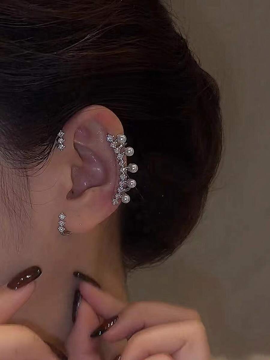 1 Pieza Orejera Decorada Con Diamantes De Imitación Y Perlas Falsas - Plateado - Ver 1