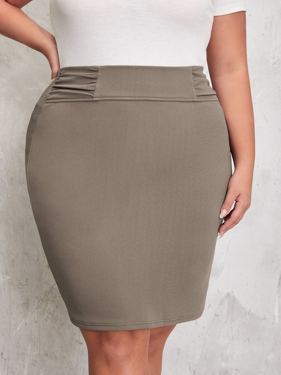 Plus Ruched Split Back Bodycon Skirt - Mocha Brown - View 1