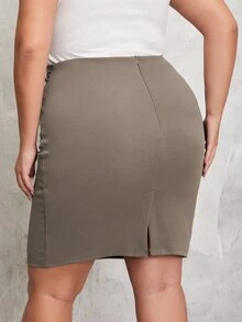 Plus Ruched Split Back Bodycon Skirt - Mocha Brown - View 2