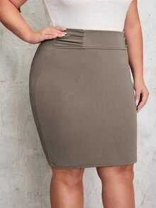 Plus Ruched Split Back Bodycon Skirt - Mocha Brown - View 3