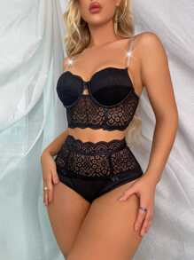 拼接花卉圖案鏈條帶內衣套裝 - 黑色 - 查看 1