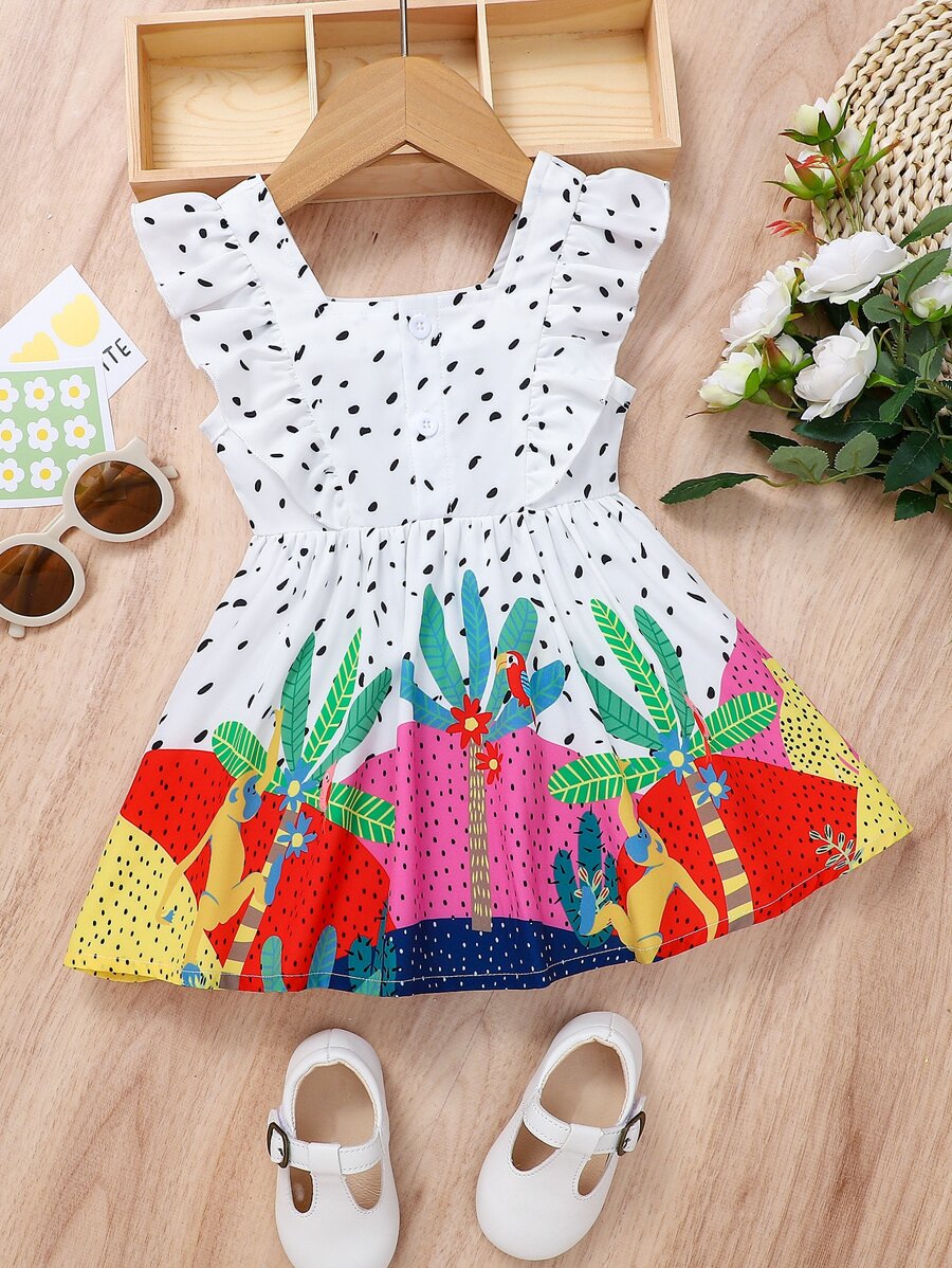 嬰兒卡通圖案荷葉邊連衣裙 - 彩色 - 查看 1