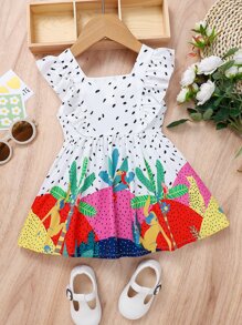 嬰兒卡通圖案荷葉邊連衣裙 - 彩色 - 查看 2