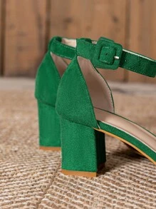 Women Minimalist Chunky Heeled Ankle Strap Sandals, Fashion Summer Faux Suede Heeled Sandals - Green - View 4