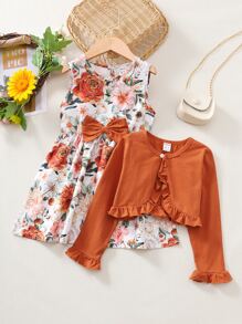 SHEIN Young Girl Ruffle Trim Top & Allover Floral Print Bow Front Dress - Multicolor - View 4