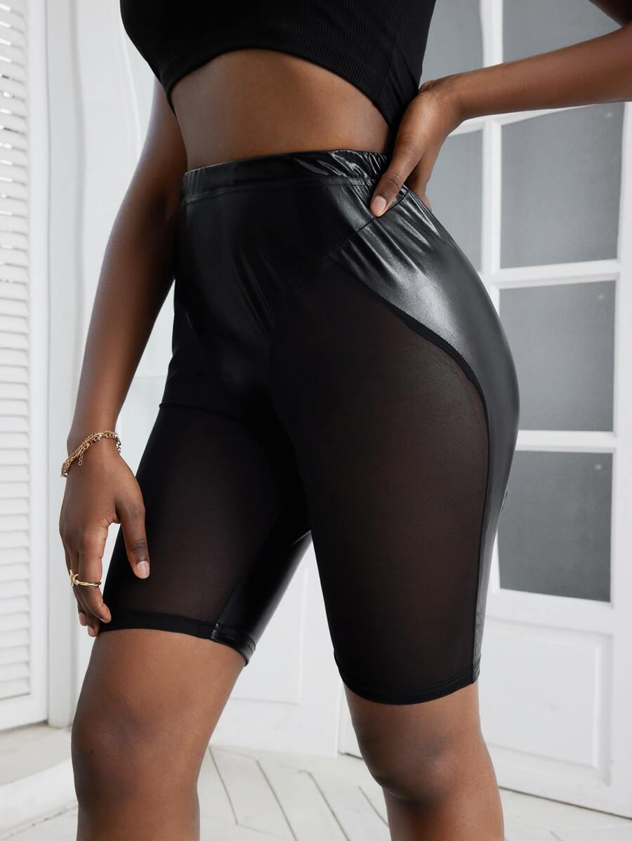 Shorts biker de malla en contraste panel PU - Negro - Ver 1