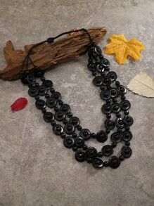 木頭串珠多層次項鍊 - 黑色 - 查看 1