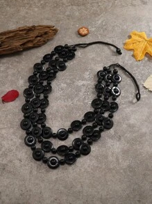 木頭串珠多層次項鍊 - 黑色 - 查看 2