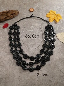 木頭串珠多層次項鍊 - 黑色 - 查看 3