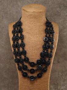 木頭串珠多層次項鍊 - 黑色 - 查看 4