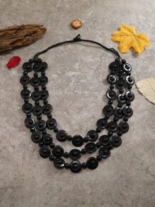 木頭串珠多層次項鍊 - 黑色 - 查看 5