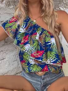 SHEIN VCAY Tropical Print One Shoulder Ruffle Trim Blouse - Multicolor - View 1