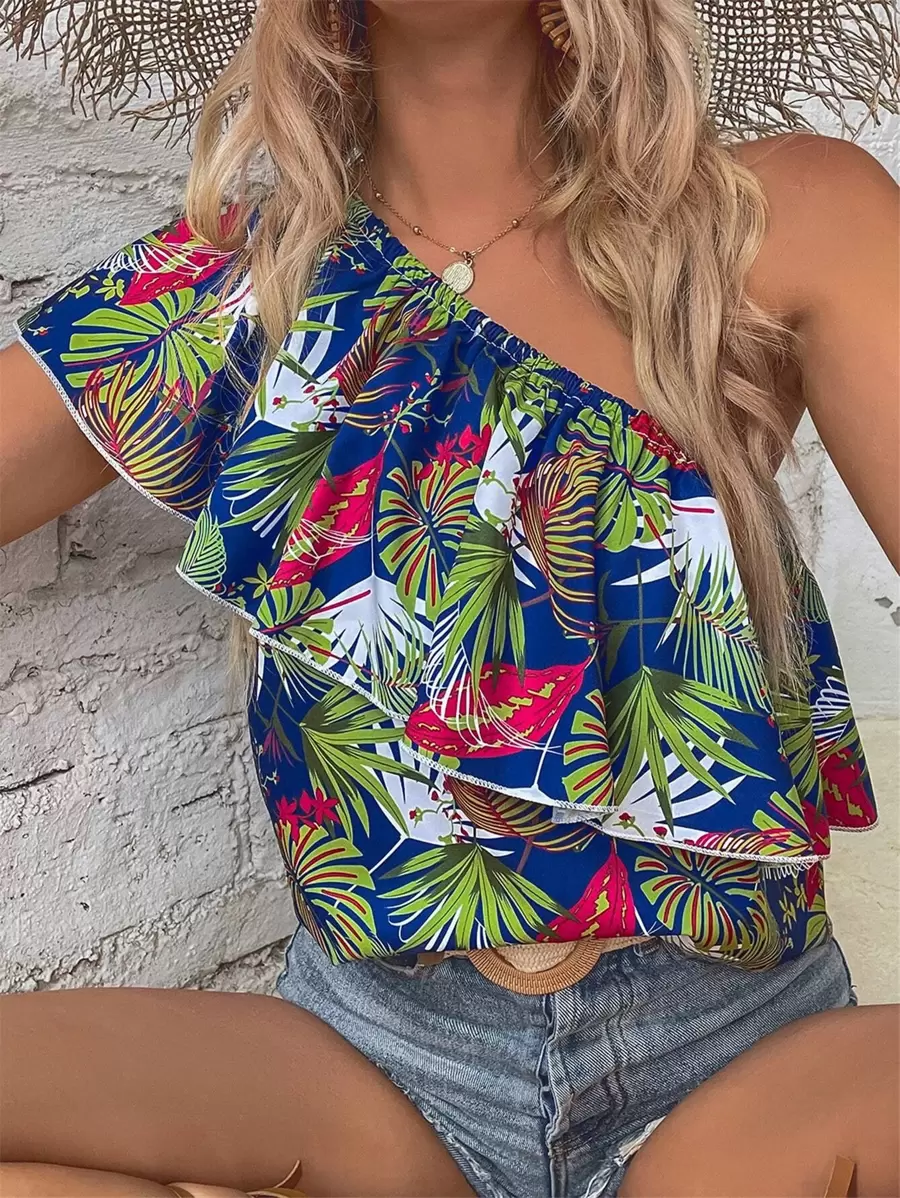 SHEIN VCAY Tropical Print One Shoulder Ruffle Trim Blouse - Multicolor - View 1
