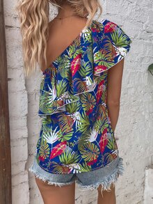 SHEIN VCAY Tropical Print One Shoulder Ruffle Trim Blouse - Multicolor - View 2