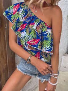 SHEIN VCAY Tropical Print One Shoulder Ruffle Trim Blouse - Multicolor - View 3