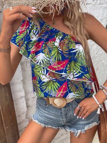 SHEIN VCAY Tropical Print One Shoulder Ruffle Trim Blouse - Multicolor - View 5