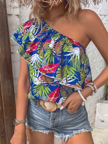 SHEIN VCAY Tropical Print One Shoulder Ruffle Trim Blouse - Multicolor - View 6
