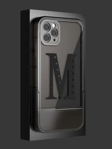 Letter Graphic Phone Case With Invisible Desktop Holder - Black - View 1