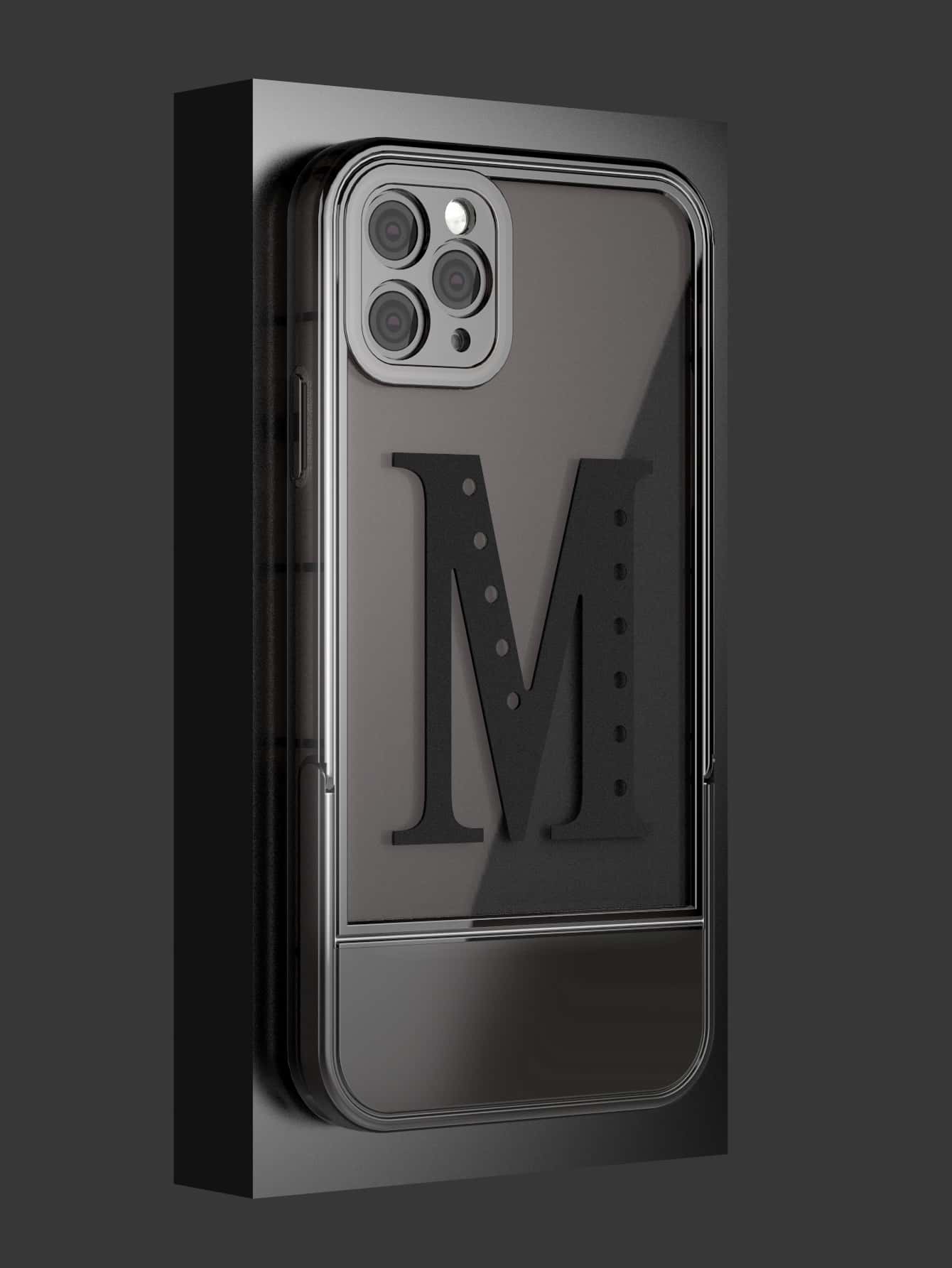 Letter Graphic Phone Case With Invisible Desktop Holder - Black - View 1