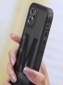 Letter Graphic Phone Case With Invisible Desktop Holder - Black - View 3