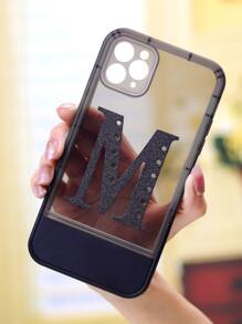 Letter Graphic Phone Case With Invisible Desktop Holder - Black - View 4