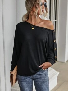 SHEIN LUNE Button Detail Batwing Sleeve Tee - Black - View 6