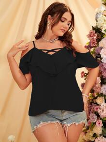 SHEIN Unity Plus Solid Ruffle Criss Cross Cold Shoulder Blouse - Black - View 1