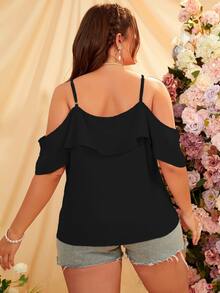 SHEIN Unity Plus Solid Ruffle Criss Cross Cold Shoulder Blouse - Black - View 2