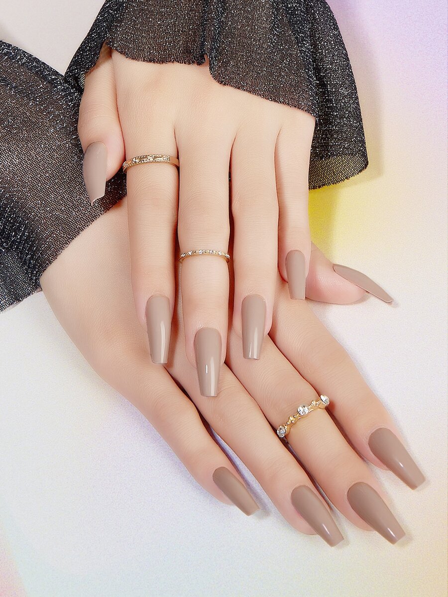 Elegant And Versatile Classic Solid Color Series 24pcs Long Coffin Shaped Glossy Finish Press On Nails With Jelly Glue & Nail File, Suitable For Outdoor Activities, Casual Entertainment, Parties, Dance Parties And Daily Wear Nail Supplies - Khaki - View 1