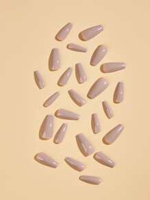 Elegant And Versatile Classic Solid Color Series 24pcs Long Coffin Shaped Glossy Finish Press On Nails With Jelly Glue & Nail File, Suitable For Outdoor Activities, Casual Entertainment, Parties, Dance Parties And Daily Wear Nail Supplies - Khaki - View 5