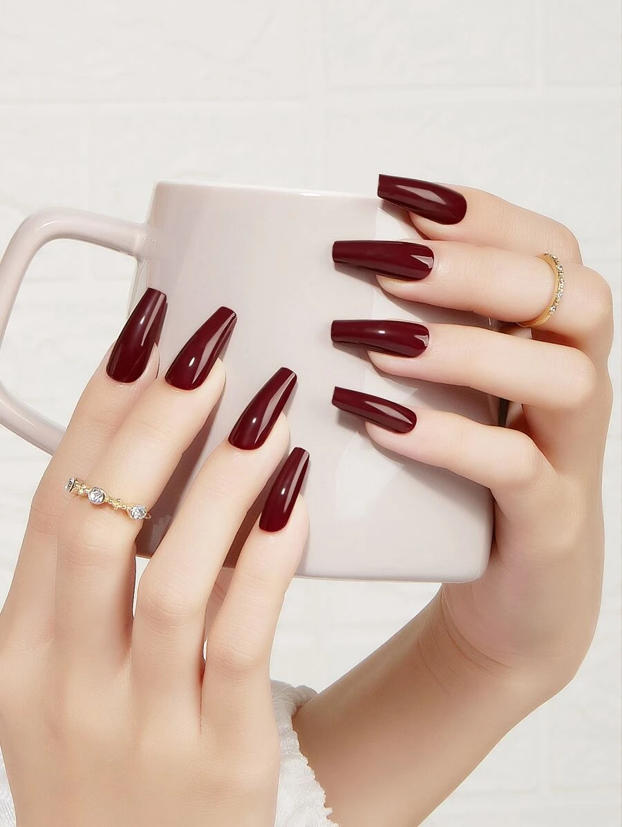 24入組優雅經典單色系棺材形全覆蓋式貼片甲，附果凍膠和指甲文件，適用於旅遊、休閒、派對、跳舞和日常穿著貼片甲指甲用品 - 酒紅色 - 查看 1